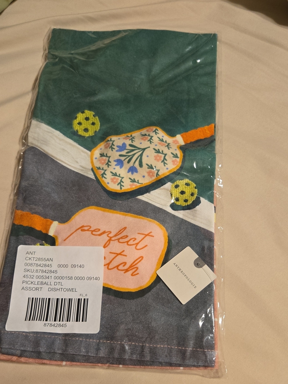 NWT Anthropologie Pickleball Dish Towel with Paddle Design - Green & Gray